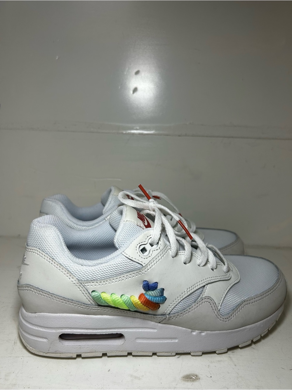 Nike Air Max 1 SE Rainbow Lace Swoosh Sneakers Kids 6.5 White Leather FN4782-100